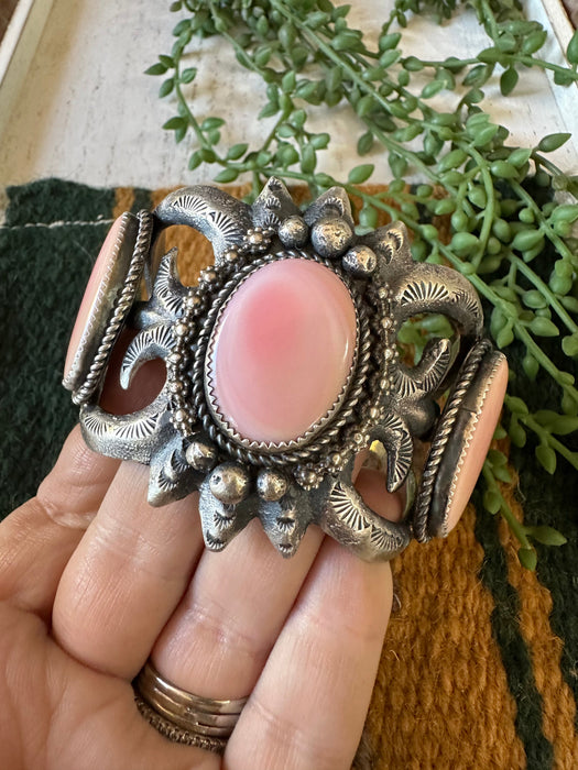 Navajo Queen Pink Conch Shell & Sterling Silver Cuff Bracelet Signed