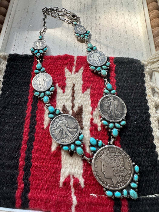 Navajo Turquoise & Sterling Silver Liberty Coin Necklace Signed Paul Livingston