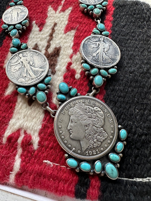 Navajo Turquoise & Sterling Silver Liberty Coin Necklace Signed Paul Livingston