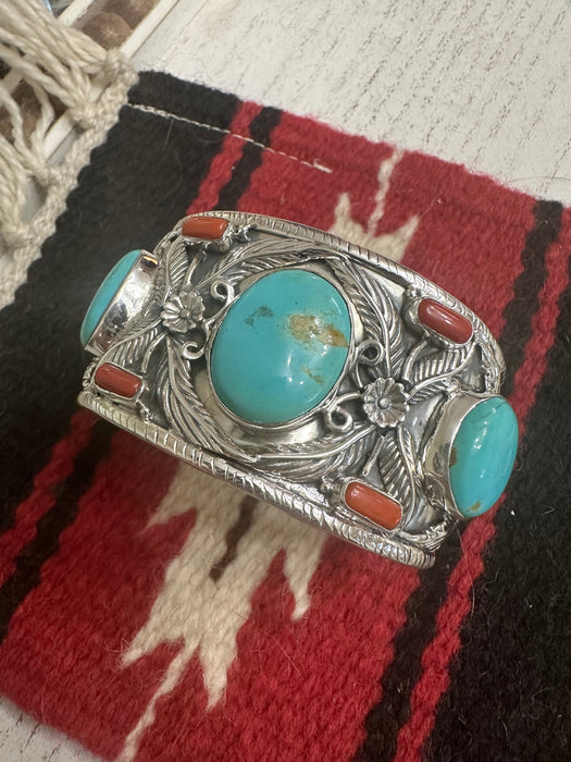 Handmade Sterling Silver, Turquoise & Coral Cuff Bracelet Signed Nizhoni