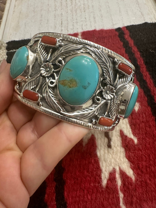 Handmade Sterling Silver, Turquoise & Coral Cuff Bracelet Signed Nizhoni