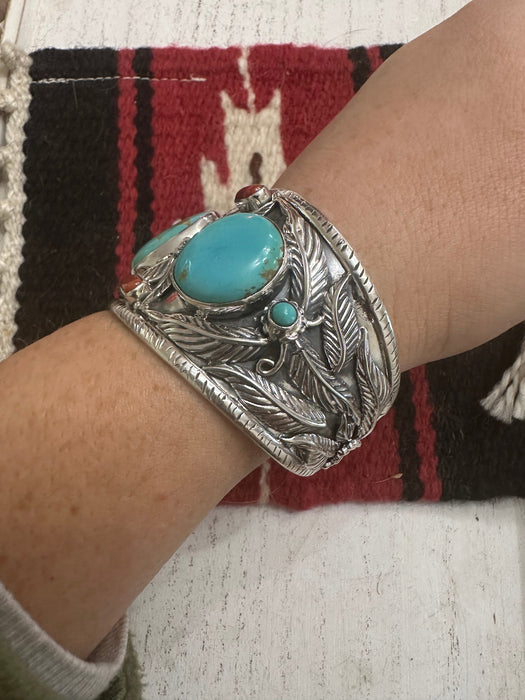 Handmade Sterling Silver, Turquoise & Coral Cuff Bracelet Signed Nizhoni