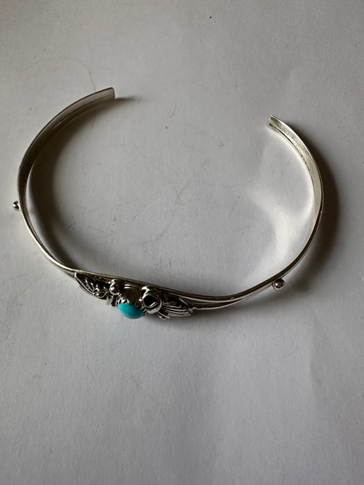 Navajo Single Stone Turquoise And Sterling Silver Adjustable Cuff Bracelet