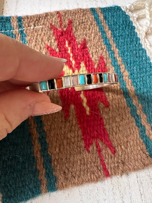 Navajo Multi Stone & Sterling Silver Inlay Thin Cuff Bracelet