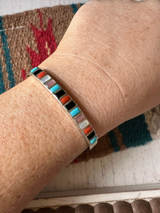 Navajo Multi Stone & Sterling Silver Inlay Thin Cuff Bracelet