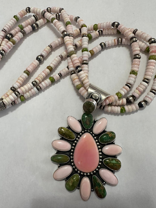 P Yazzie Navajo Sterling Silver, Pink Conch & Turquoise Beaded Necklace With Pendant Signed