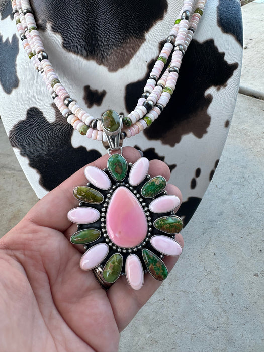 P Yazzie Navajo Sterling Silver, Pink Conch & Turquoise Beaded Necklace With Pendant Signed