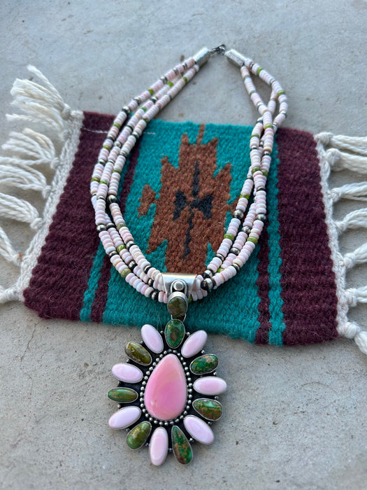 P Yazzie Navajo Sterling Silver, Pink Conch & Turquoise Beaded Necklace With Pendant Signed