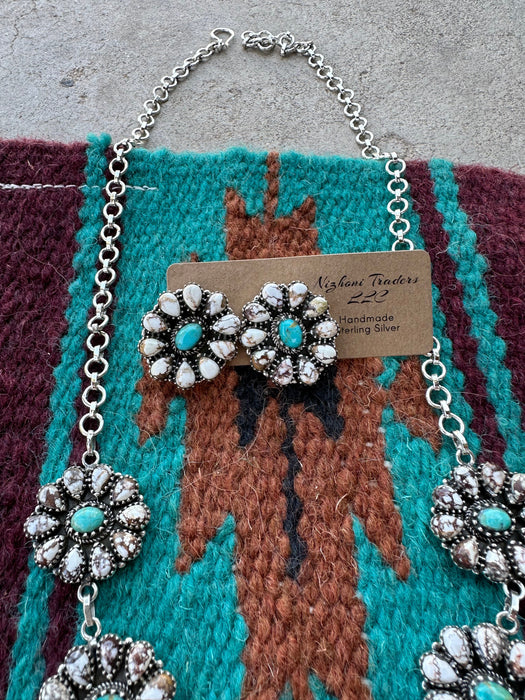 “Desert Roads” Handmade Sterling Silver, Wild Horse & Turquoise Squash Blossom Set