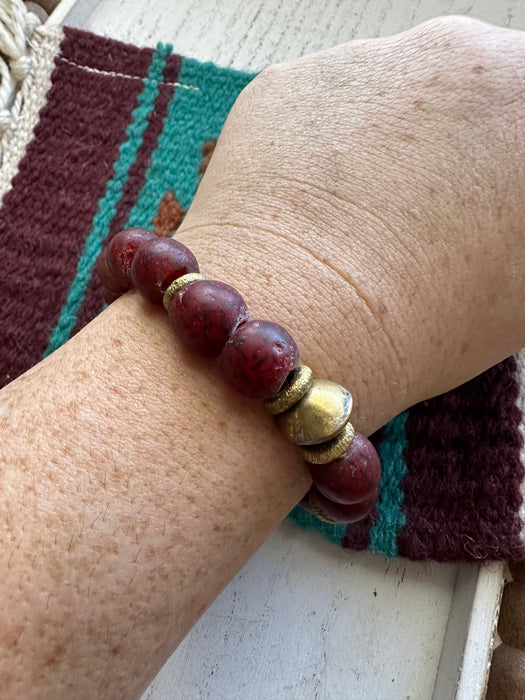 Handmade Recycled Glass Beaded Stretch Bracelet CRANBERRY