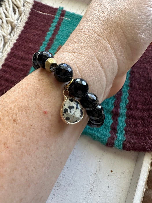 Handmade Beaded Stretch Bracelet Onyx Dalmatian Jasper