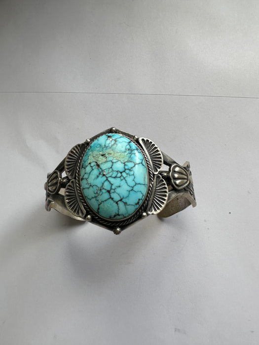 Navajo Kingman Web Turquoise And Sterling Silver Single Stone Cuff Bracelet Signed S.Tso