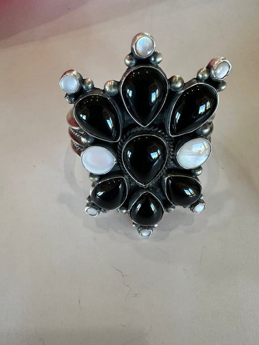 Navajo Sterling Silver, Black Onyx & Mother of Pearl Cluster Cuff Bracelet Signed