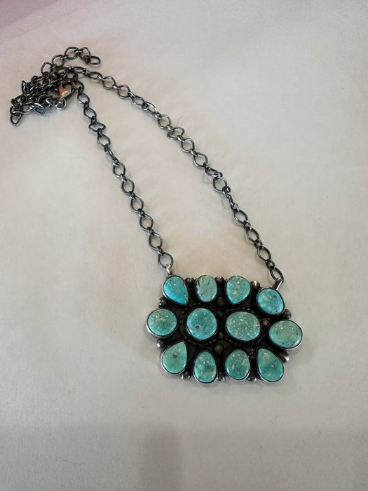 Navajo Turquoise & Sterling Silver Cluster Necklace Signed Sheila & Stamped