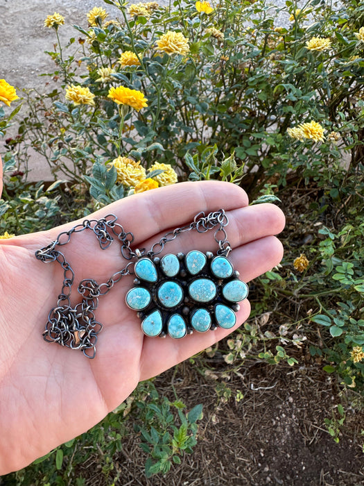 Navajo Turquoise & Sterling Silver Cluster Necklace Signed Sheila & Stamped