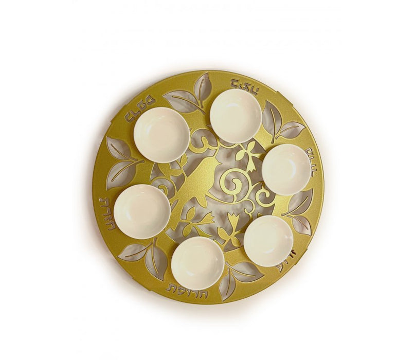 Iris Design Raised Handmade Seder Plate with Cutout Bird and Leaves – GoldIris Design Raised Handmade Seder Plate with Cutout Bird and Leaves – Gold