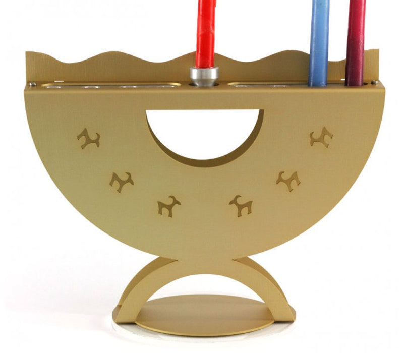 Shraga Landesman Aluminum Curved Hanukkah Menorah Ibex Design - GoldShraga Landesman Aluminum Curved Hanukkah Menorah Ibex Design - Gold