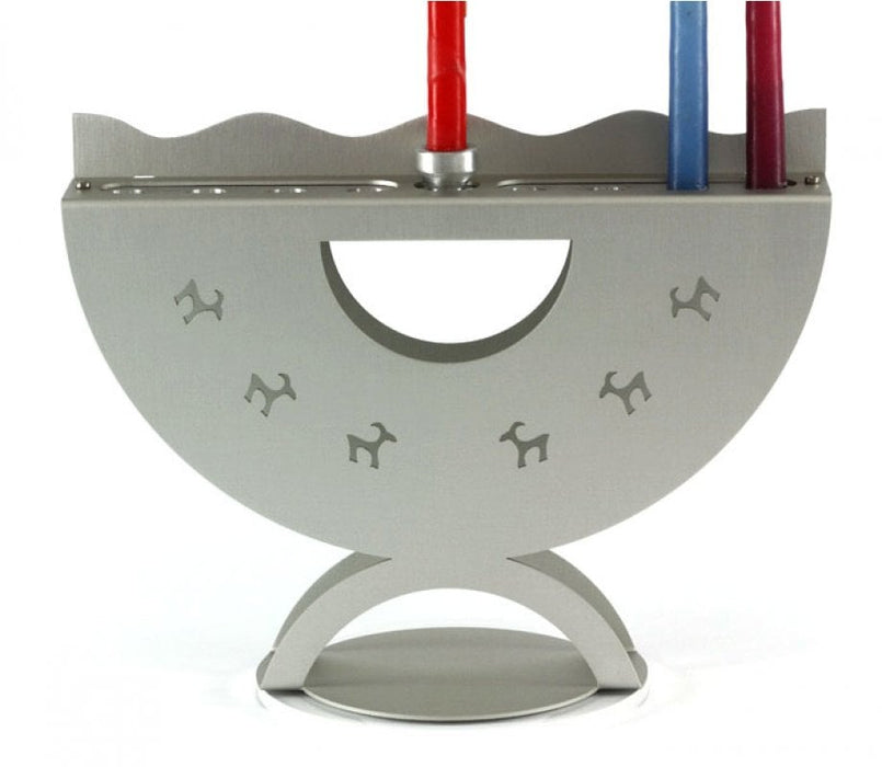 Shraga Landesman Aluminum Curved Hanukkah Menorah Ibex Design - GrayShraga Landesman Aluminum Curved Hanukkah Menorah Ibex Design - Gray