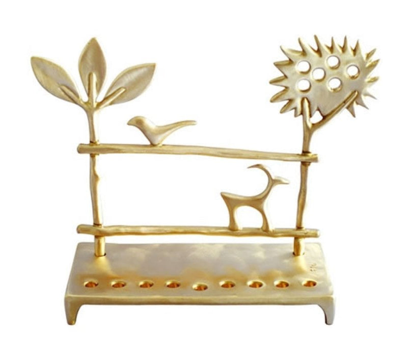 Shraga Landesman Cast Brass Hanukkah Menorah - Trees and DeerShraga Landesman Cast Brass Hanukkah Menorah - Trees and Deer