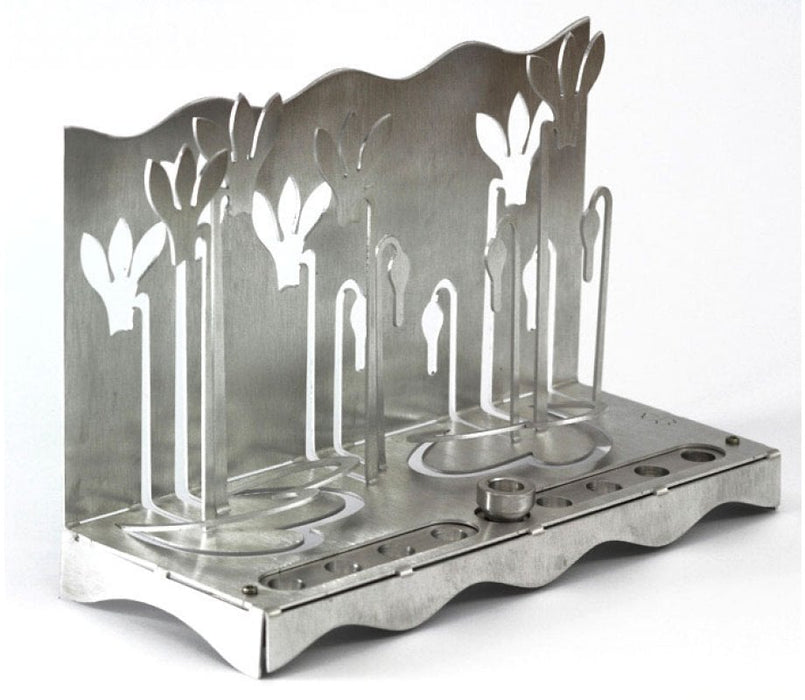 Shraga Landesman Hanukkah Menorah Slender Cyclamen Flowers - Silver GrayShraga Landesman Hanukkah Menorah Slender Cyclamen Flowers - Silver Gray