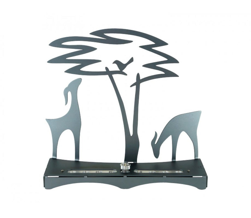 Shraga Landesman Hanukkah Menorah with Acacia Tree Deer and Bird - GrayShraga Landesman Hanukkah Menorah with Acacia Tree Deer and Bird - Gray