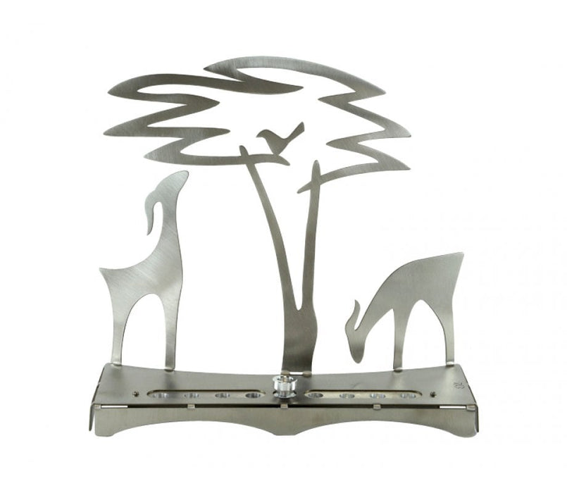 Shraga Landesman Hanukkah Menorah with Acacia Tree Deer and Bird - SilverShraga Landesman Hanukkah Menorah with Acacia Tree Deer and Bird - Silver