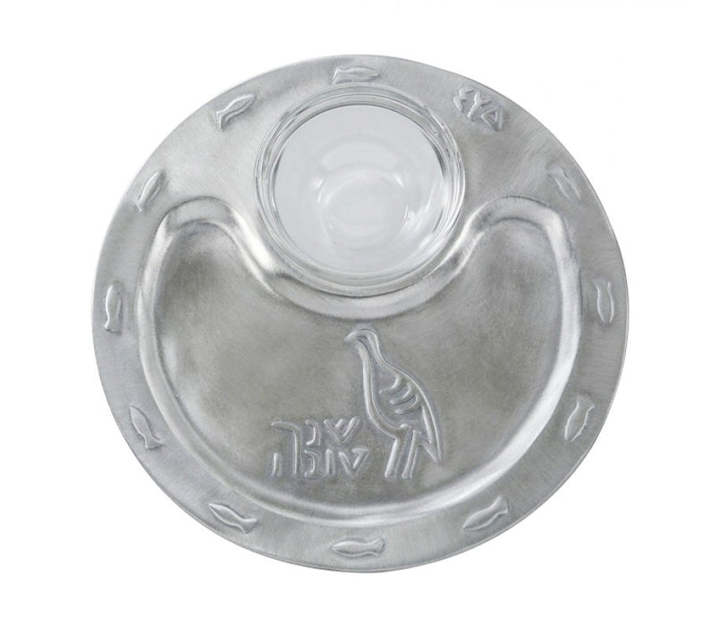 Shraga Landesman Raised Silver-Nickel Tray for Apple and Honey - Glass Honey DishShraga Landesman Raised Silver-Nickel Tray for Apple and Honey - Glass Honey Dish