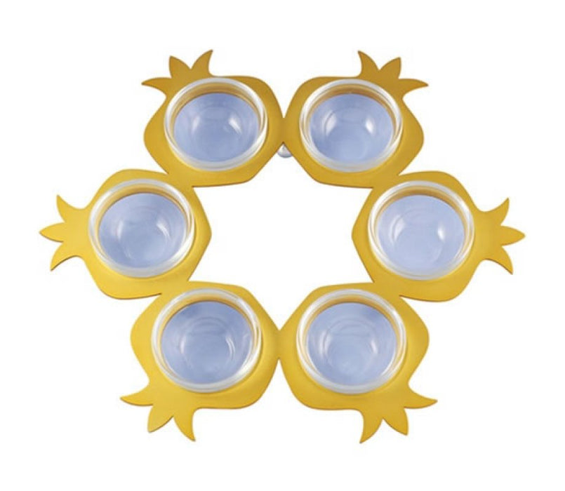 Shraga Landesman Seder Plate Gold Round Pomegranate Shapes - Aluminum and GlassShraga Landesman Seder Plate Gold Round Pomegranate Shapes - Aluminum and Glass