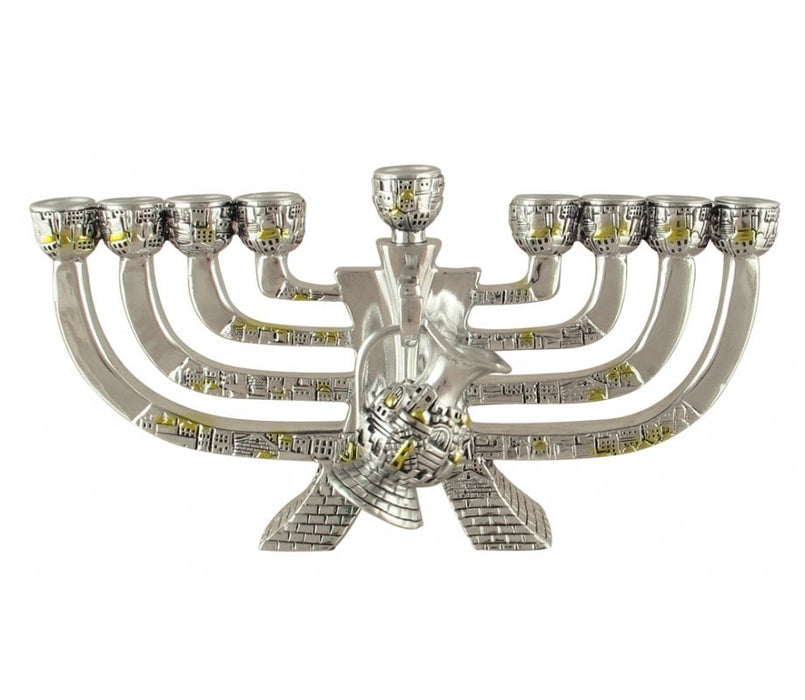 Silver Plated Polyresin Chanukah Menorah with Gold Elements - Jerusalem and Jug