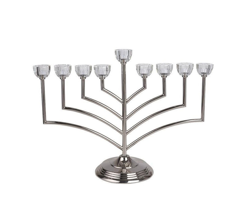 Tall Chanukah Menorah with Angular Branches & Glass Holders Silver - 14 InchesTall Chanukah Menorah with Angular Branches & Glass Holders Silver - 14 Inches