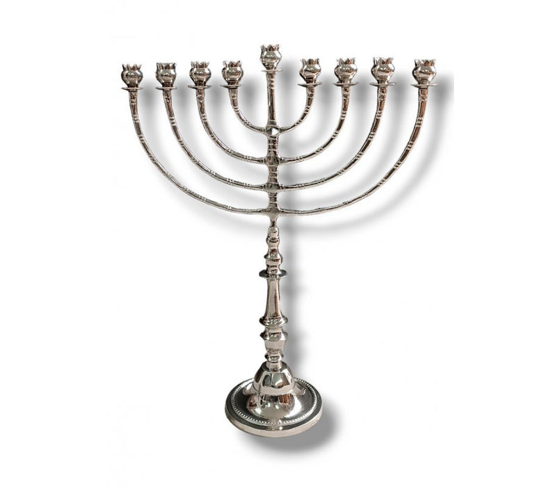 Tall Classic Nickel Chanukah Menorah Gold Pomegranate-Shaped Cups - 24 Inches