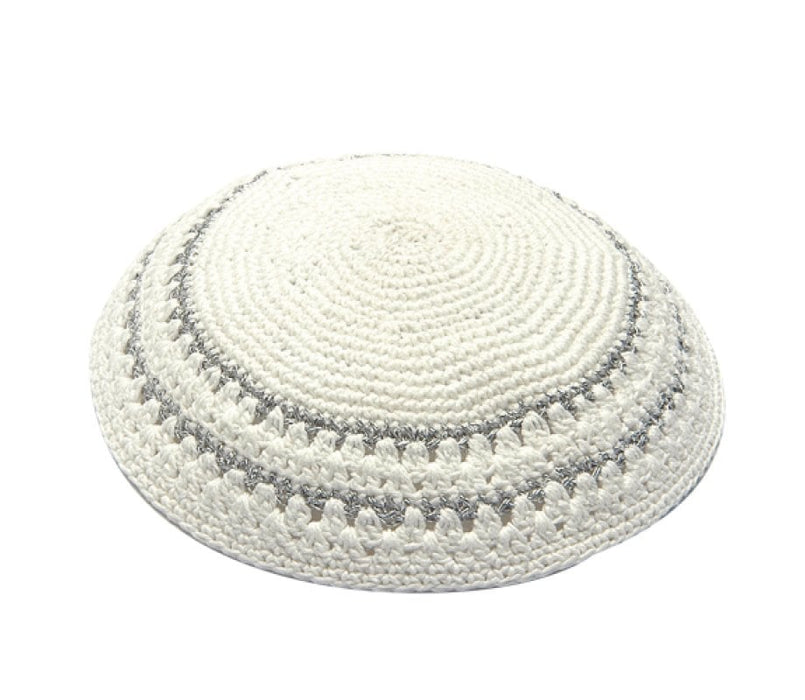 White Knitted Kippah with Large Stitch Silver Stripes