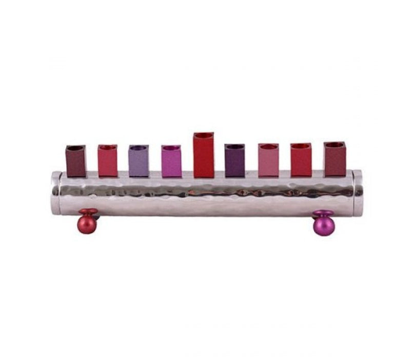 Yair Emanuel Cylinder Chanukah Menorah Hammered Aluminum - Red and Pink