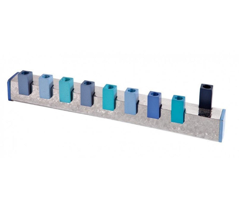 Yair Emanuel Hammered Metal Hanukkah Menorah with Cube Candle Holders - BlueYair Emanuel Hammered Metal Hanukkah Menorah with Cube Candle Holders - Blue