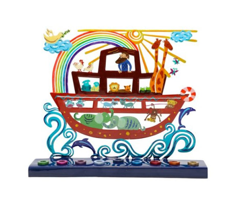 Yair Emanuel Hand Painted Chanukah Menorah Noahs Ark with Rainbow and Animals