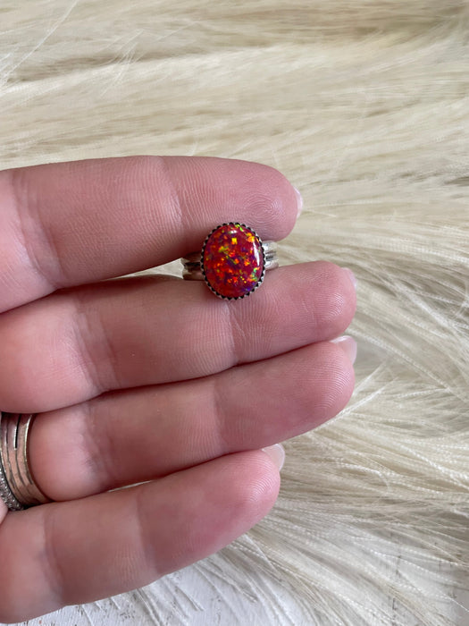 Navajo Sterling Silver Red Fire Opal Ring Size 4 - Culture Kraze Marketplace.com