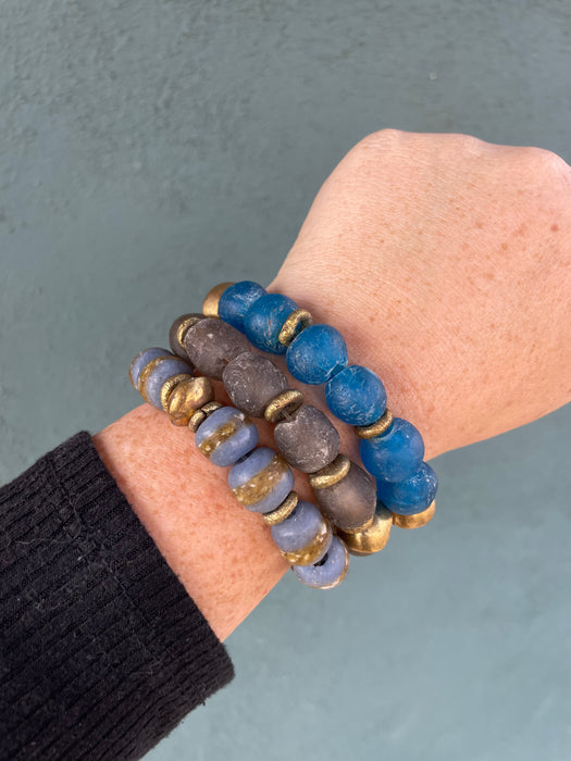 Handmade Recycled Glass Beaded Stretch Bracelet TRUE BLUE