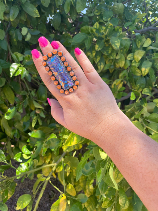 Navajo Orange Spiny, Purple Dream & Sterling Silver Adjustable Ring Signed P Yazzie - Culture Kraze Marketplace.com