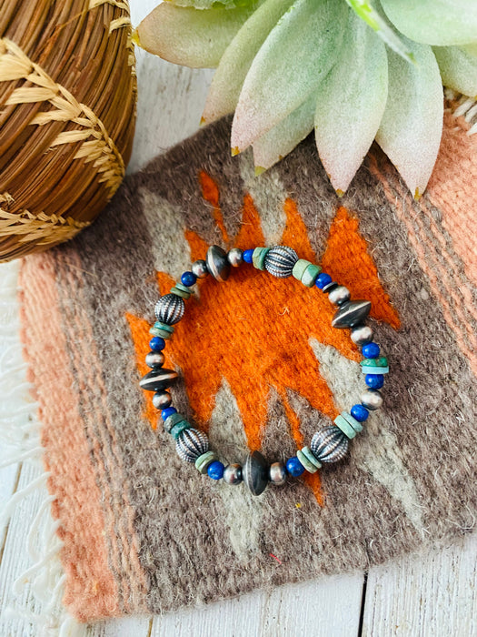 Handmade Turquoise, Lapis & Sterling Silver Beaded Stretch Bracelet