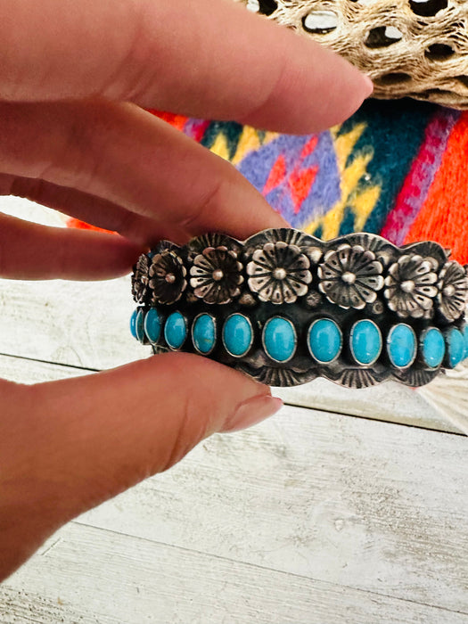 Navajo Turquoise & Sterling Silver Flower Cuff Bracelet