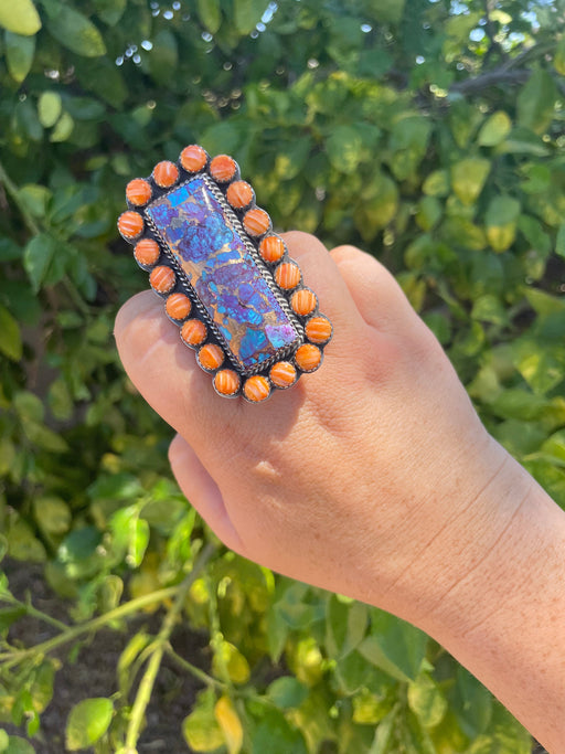 Navajo Orange Spiny, Purple Dream & Sterling Silver Adjustable Ring Signed P Yazzie - Culture Kraze Marketplace.com