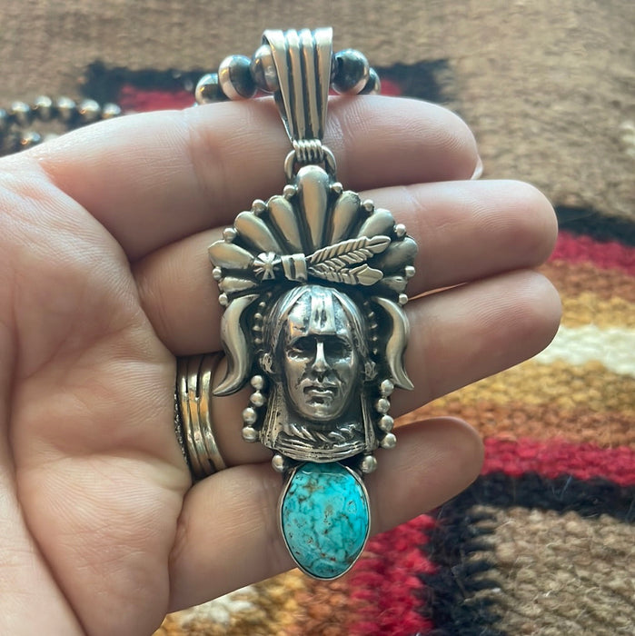 Beautiful Navajo Sterling Silver & Turquoise Chief Pendant Signed Russell Sam - Culture Kraze Marketplace.com