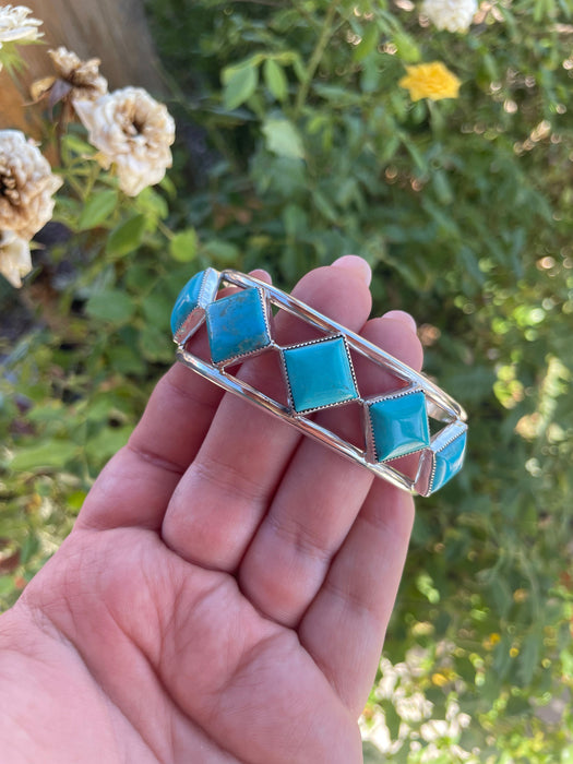 Navajo 6 Stone Turquoise & Sterling Silver Cuff Bracelet Signed