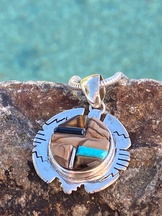 Navajo Rolled Inlay Pendant Necklace with Turquoise, Onyx, Coral, Petrified Wood