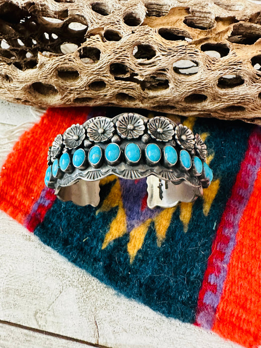 Navajo Turquoise & Sterling Silver Flower Cuff Bracelet