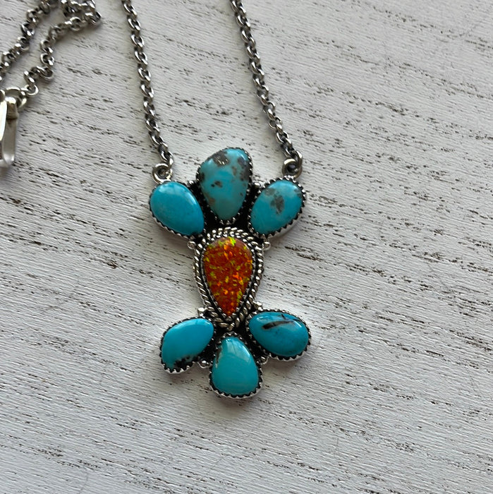 Handmade Sterling Silver, Fire Opal, & Turquoise Necklace Signed Nizhoni