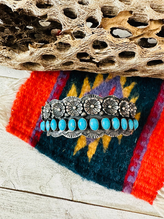 Navajo Turquoise & Sterling Silver Flower Cuff Bracelet