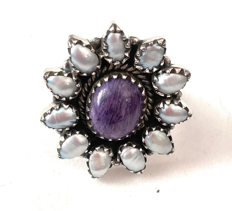 Handmade Sterling Silver, Charoite & Pearl Cluster Adjustable Ring - Culture Kraze Marketplace.com