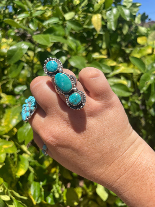 “The 3 Stone” Navajo Turquoise & Sterling Silver Ring Size 8.5 Signed - Culture Kraze Marketplace.com