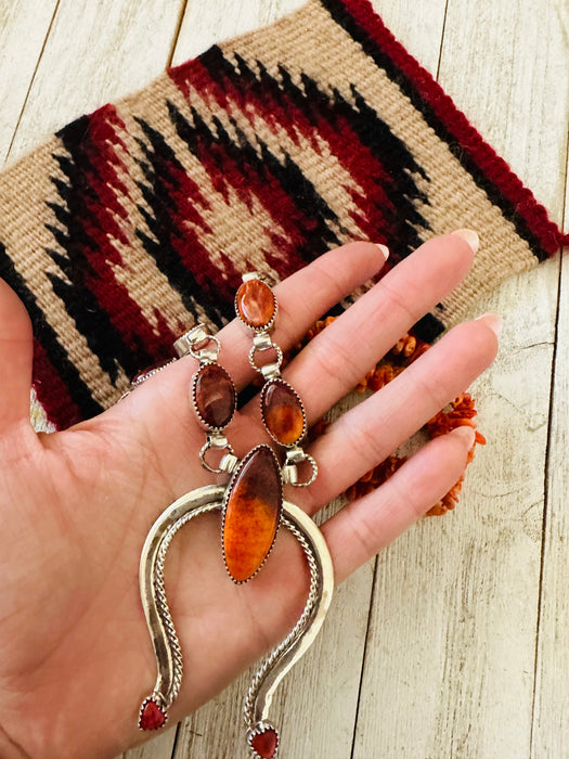 Navajo Sterling Silver & Orange Spiny Beaded Naja Necklace